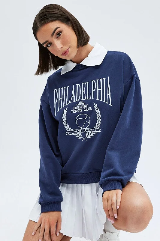 Blue Embroidered Sweater With Collar Varsity Sweat