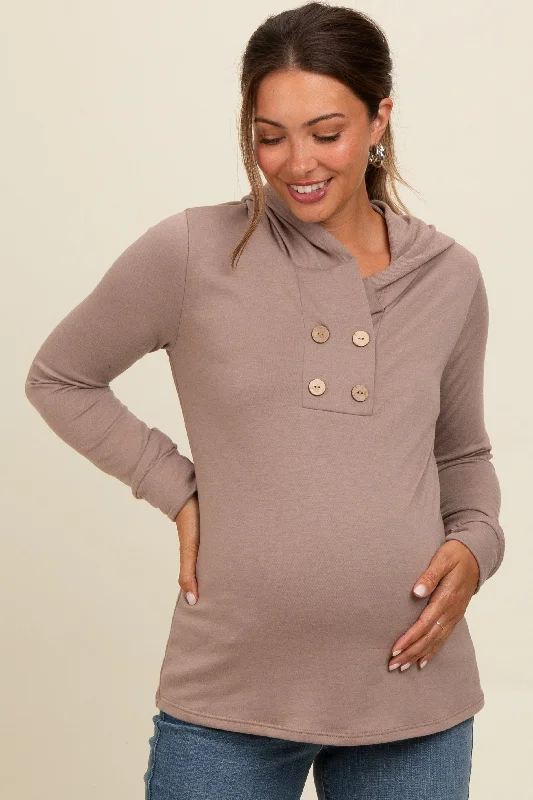 Mocha Hooded Long Sleeve Maternity Top