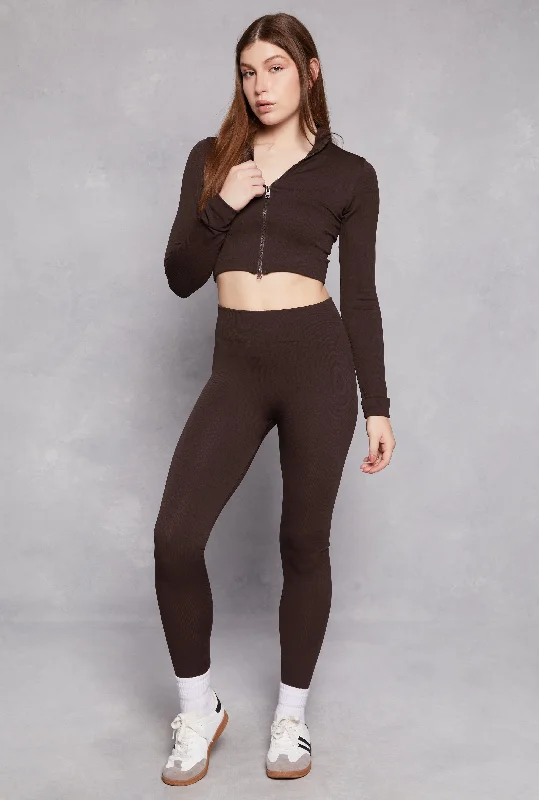 Ribbed Knit Zip Front Crop Top and Leggings Set