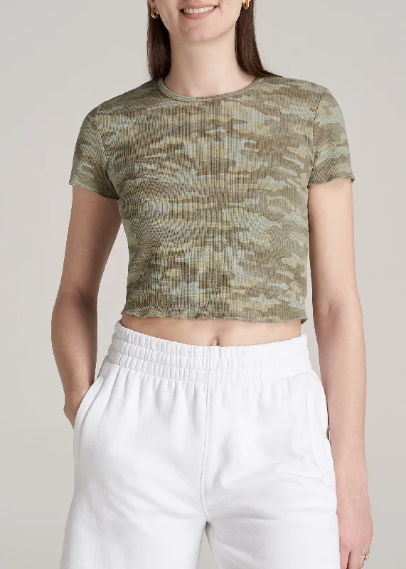 Cropped Waffle Tee in Green Camo Print - Women's Tall T-Shirts